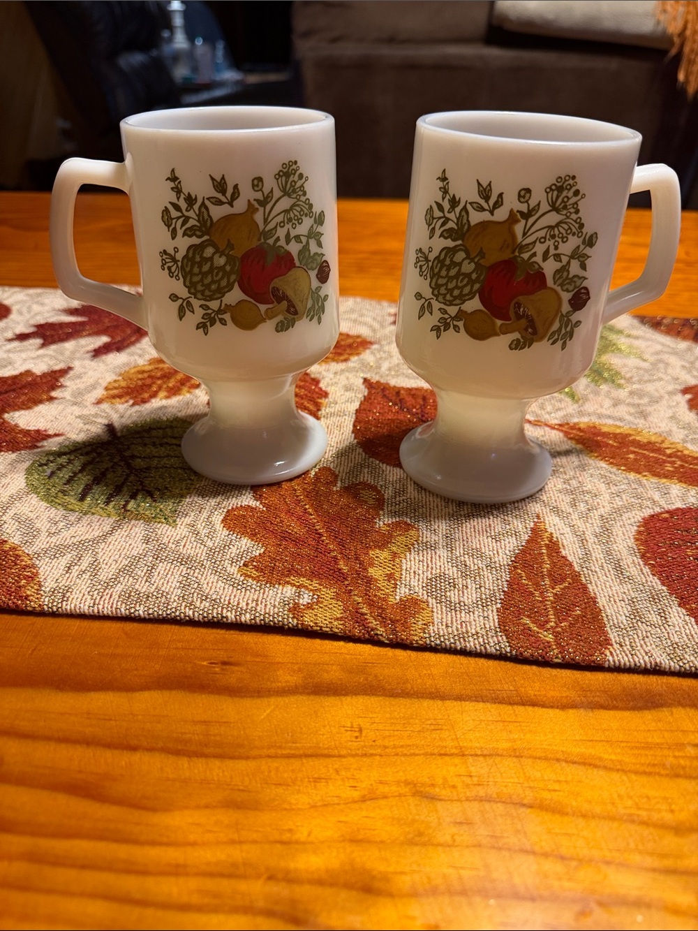 Corningware White Pedestal Mugs with Autumn Fruit Motif - Set of 2